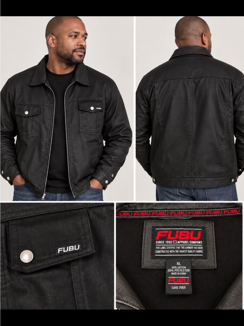 FUBU Men’s XL Black Jacket Y2K Hip Hop Streetwear Full Zip Vintage Style. FUBU